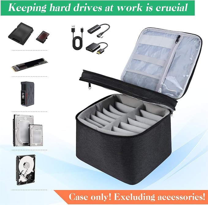 Hard Drive Case,14 -Bay Protective Storage Bag for 3.5" HDD, Large Capacity Storage Box with Lock,Portable External Hard Drive Carrying Case,Movable Grid and Shockproof(Bag only)