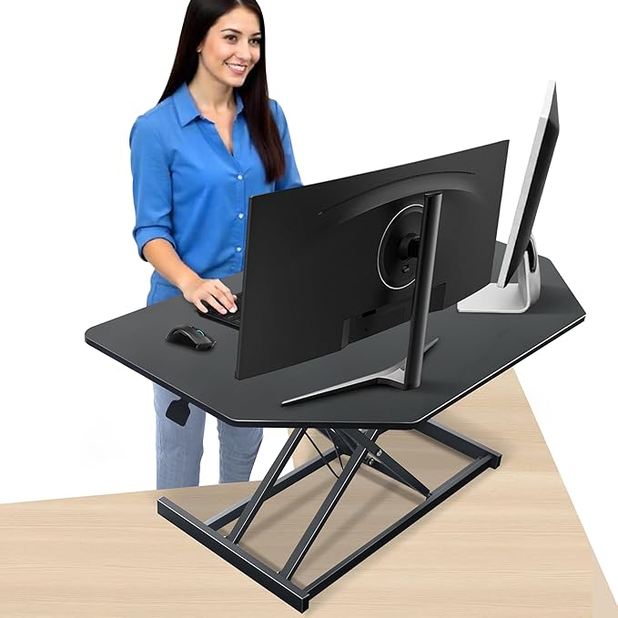 Aconcept 36 inch Black Corner Height Adjustable Standing Desk Converter, One-Click Sit to Stand up Desk Riser, Pre-Assembled for Dual Monitor and Laptop Workstation
