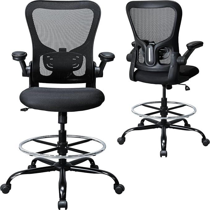 Drafting Chair, Ergonomic Tall Office Chair for Standing Desk, Counter Height Desk Chair with Adjustable Padded Armrests and Footrest Ring Standing Desk Chair Adjustable Height with Lumbar Support