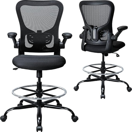 Drafting Chair, Ergonomic Tall Office Chair for Standing Desk, Counter Height Desk Chair with Adjustable Padded Armrests and Footrest Ring Standing Desk Chair Adjustable Height with Lumbar Support