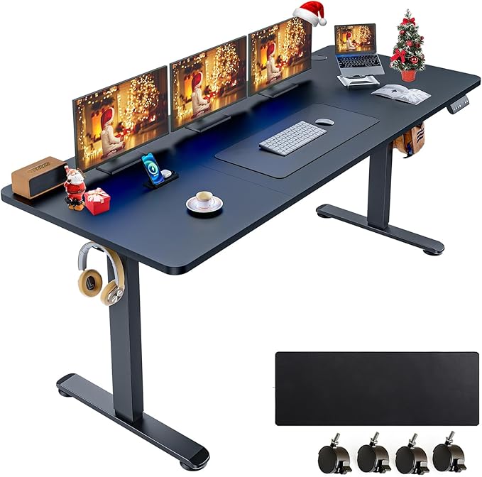 farexon Electric Standing Desk Adjustable Height, 71 x 28 Inch Sit Stand up Desk with Large Mouse Pad, Double Metal Hook,4 Wheels,4 Memory Preset Heights Home Office Computer Desk,Black