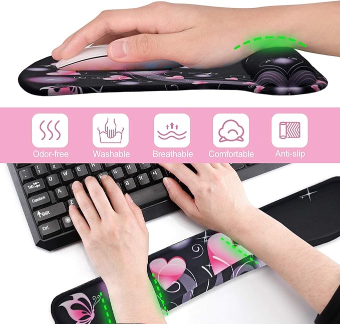 ToLuLu Keyboard Wrist Rest Pad Ergonomic Mouse Pad Set, Cute Mouse Pad for Computer Laptop, Non Slip Mousepad Keyboard Wrist Support with Raised Memory Foam for Easy Typing Pain Relief, Pink Hearts