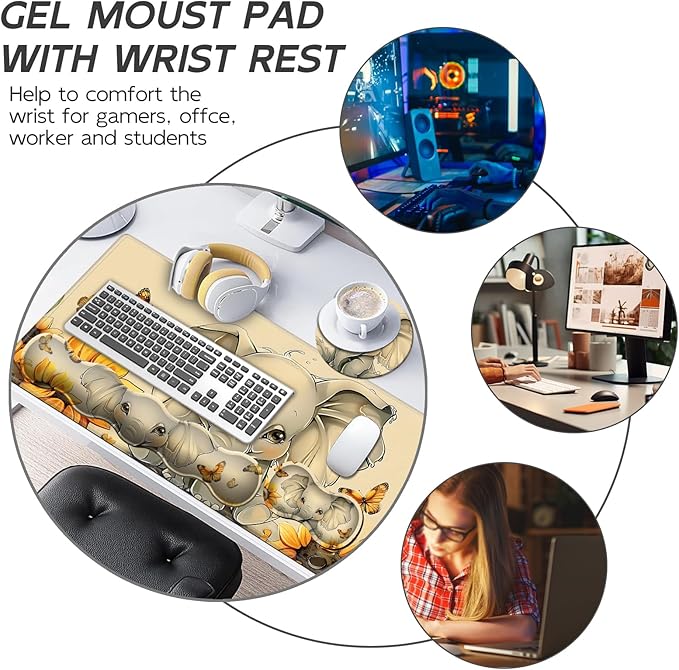 Gaming Mouse Pad Set, Cute Elephant Large Desk Mat Mousepad, Keyboard Wrist Support, Mouse Wrist Rest, Coaster 4in1 Ergonomic Memory Foam, Non-Slip Stitched Edge for Home Office