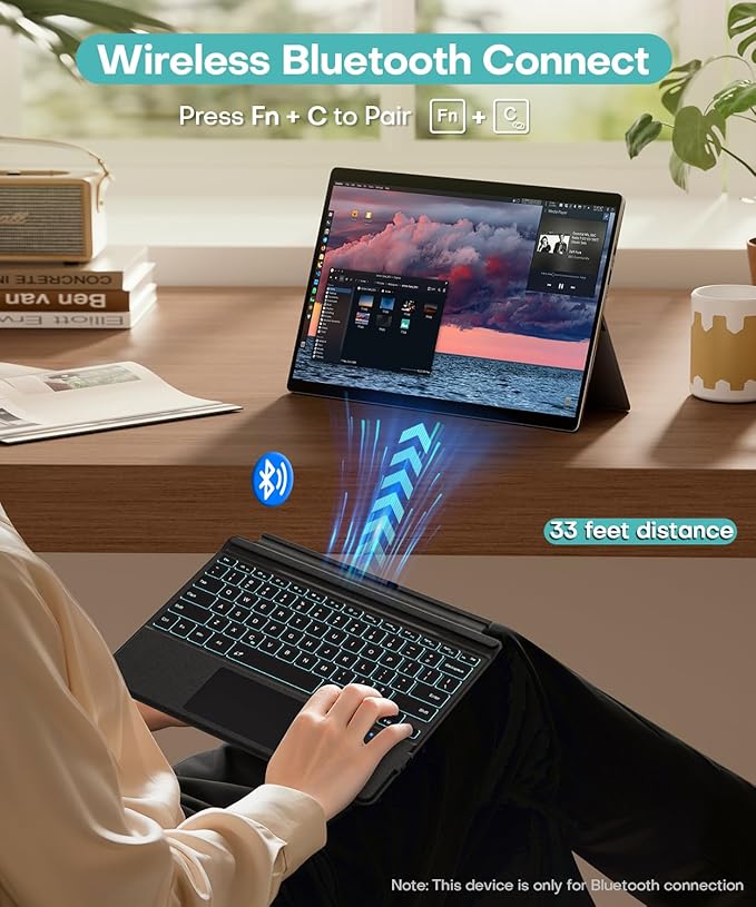 Surface Pro Keyboard for Microsoft Surface Pro 7/6/5/4/3 7 Plus 12.3 inch, 7 Color Backlit Wireless Type Cover, Bluetooth Ultra-Slim Portable Ergonomic Keyboard with Trackpad, Rechargeable Battery