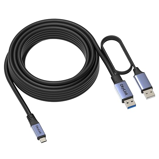 OkyLink Active USB 3.0/3.2 Gen1 A to C Data Cable 32ft/10M – High-Speed 5Gbps, Signal Amplifier, Optional Power, Long-Distance Cable for VR, Portable Hard Drive, Docking Station, Printer
