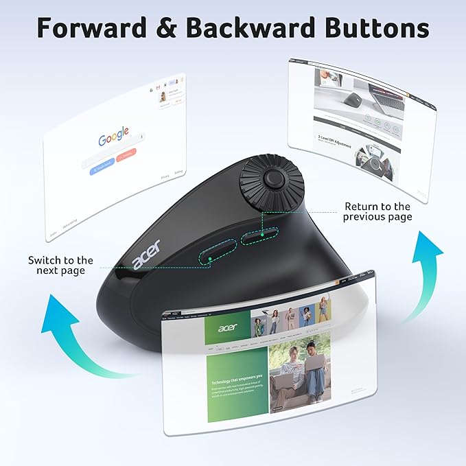 acer Ergonomic Mouse Wireless with Side Scroll Wheel, Bluetooth Mouse for Laptop(BT5.2+2.4GHz), Office Vertical Computer Mice, Small to Medium Sized Hands Ergo Mice, 8 Buttons for PC and Desktop