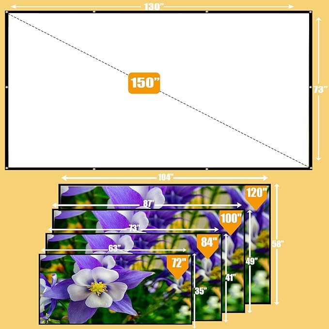 100 Inch Foldable Projector Screen for Wall, Hanging Portable Projector Screen Outdoor & Indoor - Thickened Anti-Crease White Screen with 4 Corner Ropes for Camping, Home Theater, Party