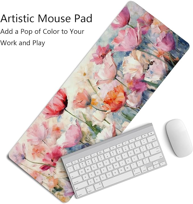Pink Spring Tulip Floral Mouse Pad,Summer Flower Mouse Pads,Aesthetic Romantic Flower Desk Mat,Elegant Botanical Cottagecore Floral Desk Mat for Home Office Dorm Desktop Decor,31.5x11.8 Inch