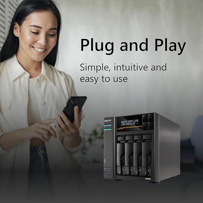 Asustor Lockerstor 4 Gen3 AS6804T, 4 Bay NAS, AMD Ryzen Quad-Core 2.3GHz, 16GB ECC DDR5, 4 M.2 NVMe Slots, Dual 5GbE & 10GbE Port, Network Attached Storage for Video & Content Creators (Diskless)