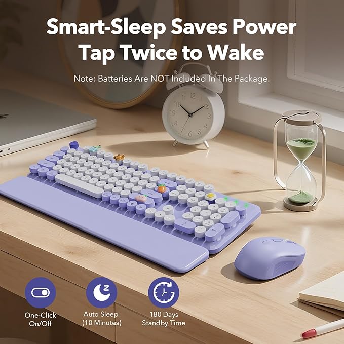 Wireless Keyboard and Mouse Combo, Cute Round Keycaps, Full-Size Retro Typewriter Keyboard with Detachable Wrist Rest, 2.4GHz Cordless Connection for Mac/Windows/PC/Laptop (Purple-Colorful)