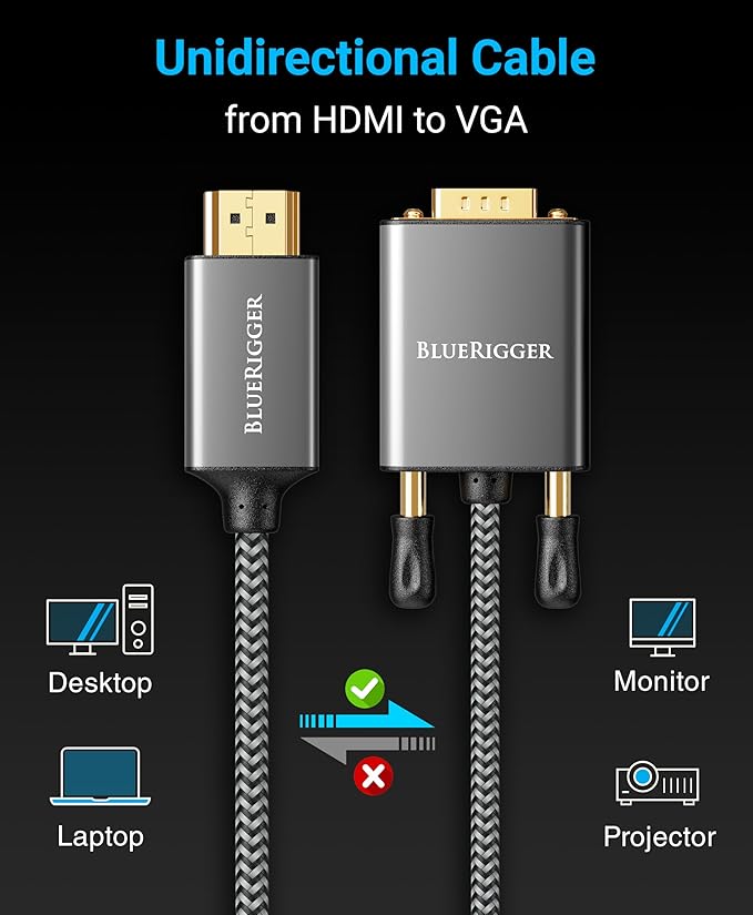 BlueRigger HDMI to VGA Cable 6FT (Unidirectional, 1080P, 60Hz, HDMI Adapter for Monitor, Male to Male, HDMI Source to VGA Display) - Compatible with Desktop, Laptop, PC, Monitor, Projector, HDTV
