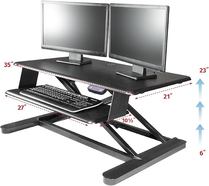Kantek Standing Desk Converter, Electric Lift, Adjustable From, 6"-23", Large Platform Fits Dual Monitors, Sit to Stand Home Office Workstation, Grommet Hole