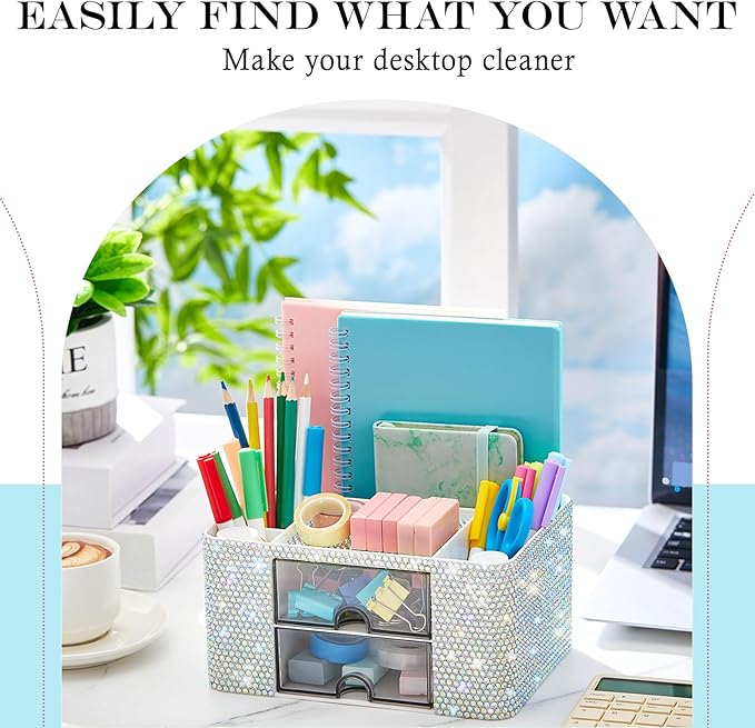 Silver Bling Desk Organizer with 2 Drawer, Sparkly Makeup Organizer for Vanity, Girly Desk Accessories, Rhinestone Pen Holder, Elevate Your Workspace with Silver Serenity (Diamond)