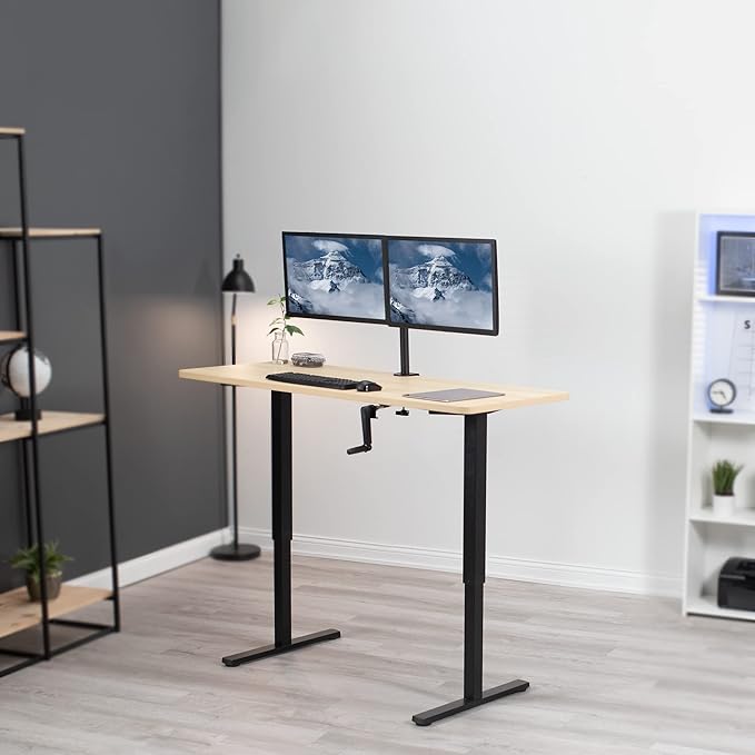 VIVO Manual Height Adjustable 60 x 24 inch Stand Up Desk, Light Wood Solid One-Piece Table Top, Black Frame, Standing Workstation with Foldable Handle, DESK-KIT-MB6C
