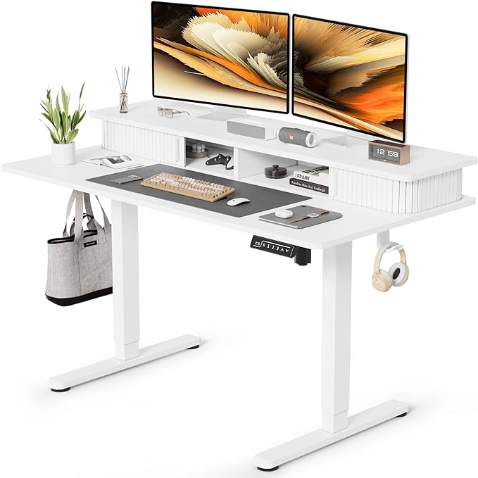 JOY worker Height Adjustable Electric Standing Desk with Storage Shelves, 48 Inch Table with Built-in Monitor Stand, Sit Stand Desk with 2 Hooks for Home Office, White