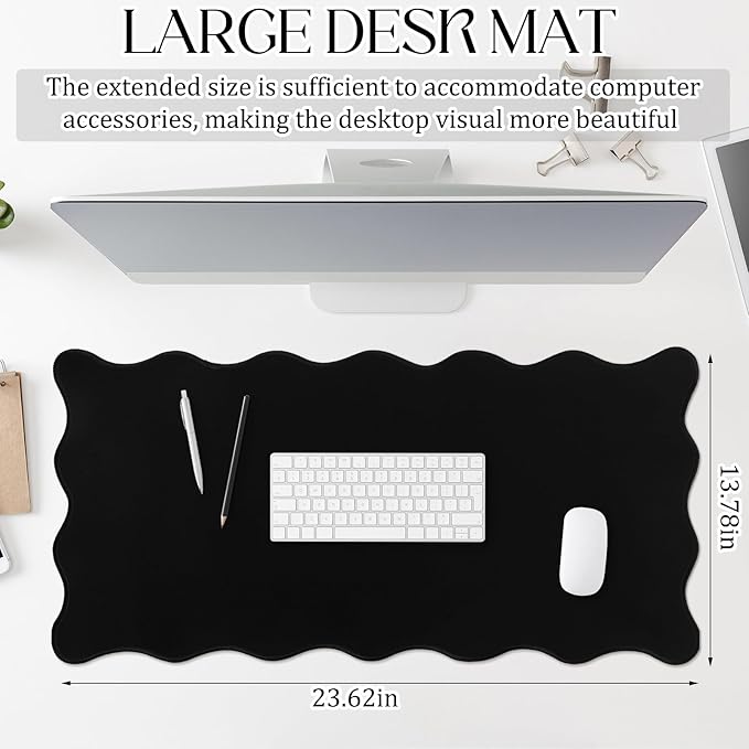 Scalloped Desk Mat Large Scalloped Piping Cute Desk Mat Aesthetic Preppy Table Pad Large Nonslip Pad with Edge Stitching Waterproof Gaming(Black,23.62 x 13.78 Inches)