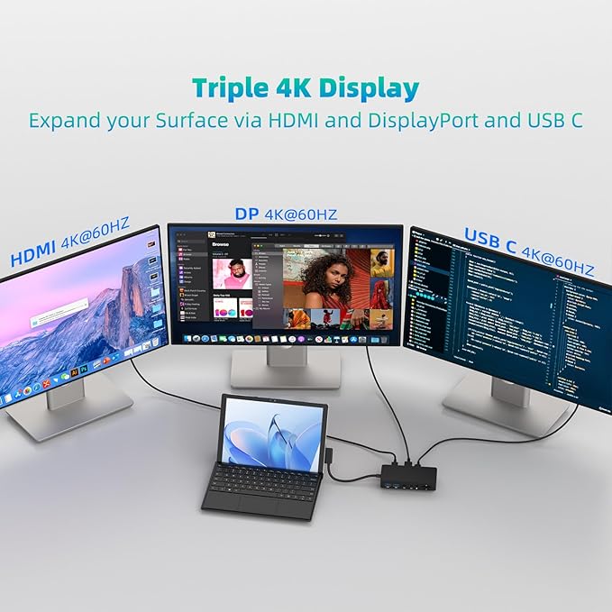 New Surface Docking Station, 12-in-1 Surface Dock 4K@60Hz Triple Display with HDMI, USB-C, DisplayPort for Surface Pro 11/10/9/8/X/7/6/5/4/3, Surface Laptop 7/6/5/4/3/2/1, Surface Book & Go