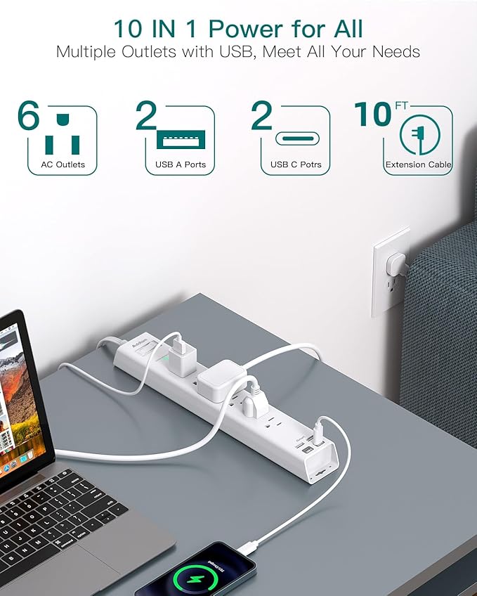 10Ft Extension Cord with Multiple Outlets, Addtam Flat Plug Power Strip Surge Protector with Long Cord,6 Outlet 4 USB Ports (2USB C),Multi Plug Outlets for Office,College,Dorm Essentials, ETL Listed