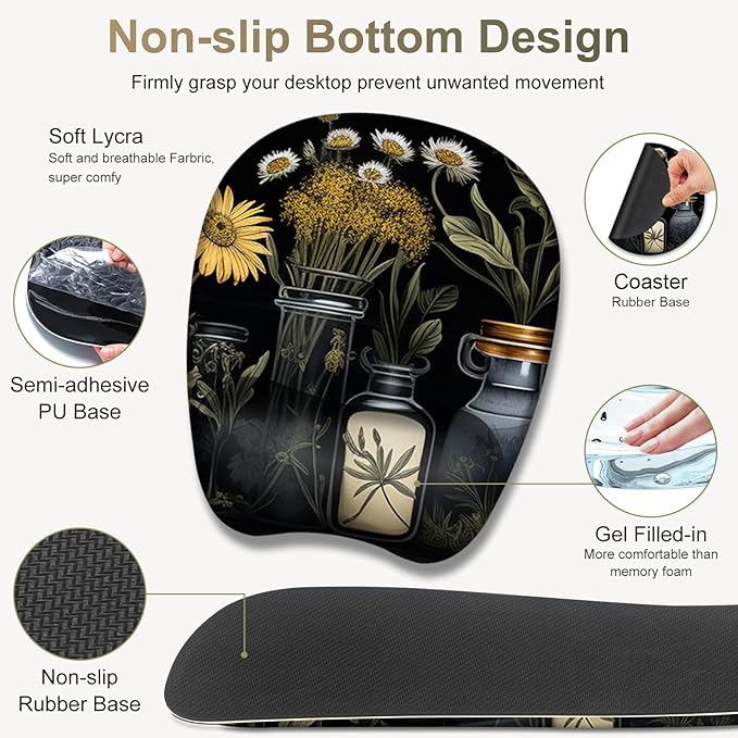 Large Mouse Pad with Wrist Support 4 in1 Set, XXL Big Game Mousepad + Keyboard Wrist Rest+Mouse Wrist Rest+Coaster Gaming Mat for Home Office Computer I Black Academia Mystical Green Plant