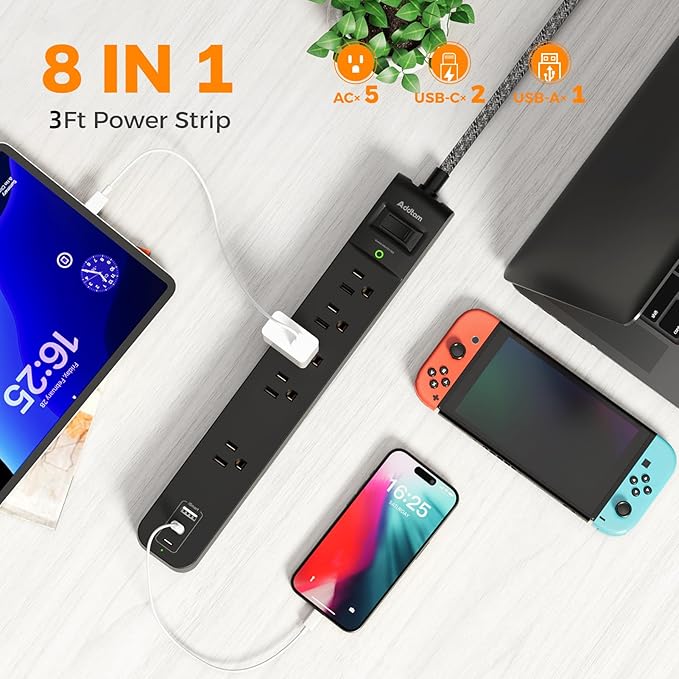 2 Pack Short Power Strip Surge Protector- Addtam USB C Power Strip,3ft Flat Extension Cord with 5 Widely 3 USB (2 USB-C) Ports, Desktop Charging Station for Home Office College Dorm Room Essentials