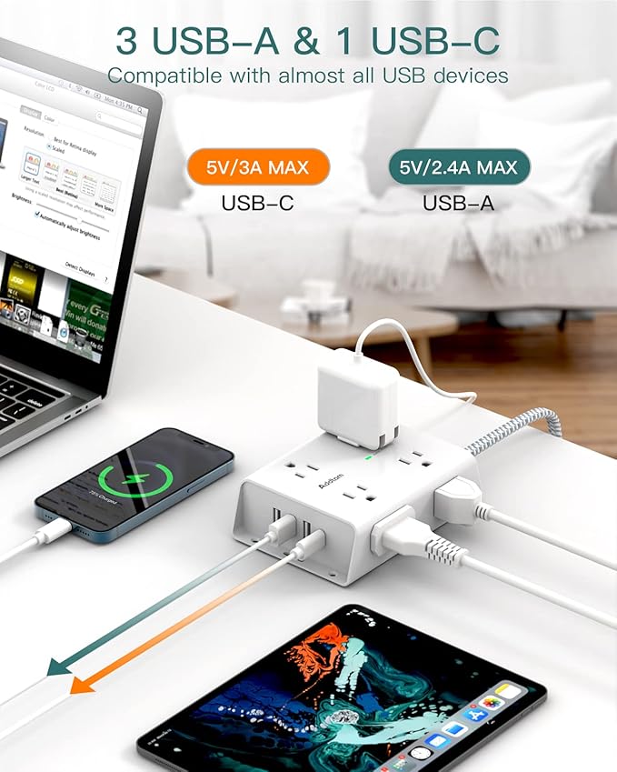 10Ft Long Surge Protector Power Strip, Addtam Extension Cord with 8 AC Outlets and 4 USB Ports(1 USB C), 3-Side Outlet Extender Strip, Flat Plug, Wall Mount, Dorm Home Office Essential, ETL Listed