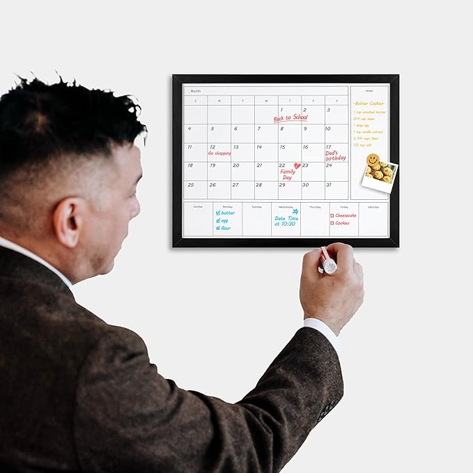 3-in-1 Wall Calendar Whiteboard, 17x13 Inch Magnetic Monthly & Weekly Dry Erase Board with Black Wood Frame, Ideal for Office, Kitchen & Family Planning(DH-3in1-3343)