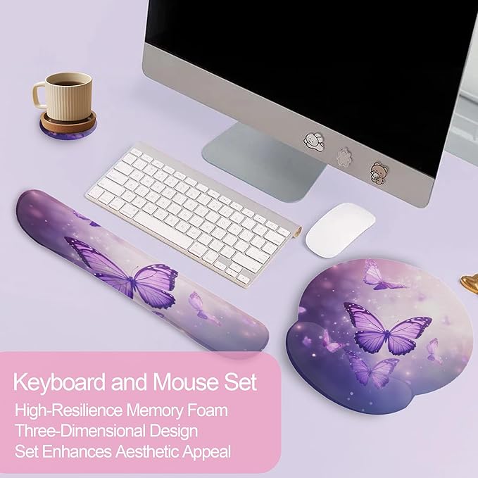 Butterfly Purple Sparkling Keyboard Wrist Rest Pad and Mouse Pad Wrist Support Set,3-in-1 Ergonomic Mouse Pad with Non-Slip Rubber Base for Home Office Game Computers Desk,