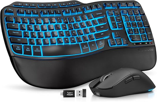 Ergonomic Wireless Keyboard and Mouse Combo, Rechargeable 4000mAh Backlit Keyboard with a Soft, Faux Lambskin Palm Rest, Wave Keys for Natural Typing, Compatible with Windows/Mac/Chromes OS—SABLUTE