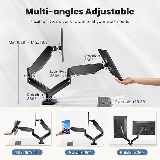 DUMOS Dual Monitor Stand for Desk, Gas Spring Monitor Arm for 2 Monitors Max 32 Inches, Fully Adjustable Double Monitor Mount, VESA Mount with C-Clamp/Grommet Base, Holds Screen 17.6 lbs