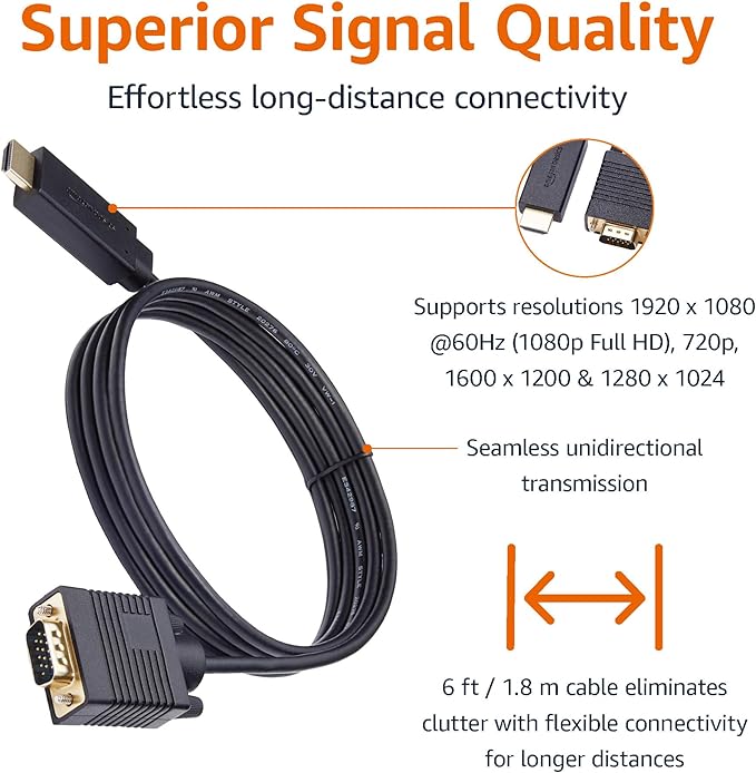Amazon Basics HDMI to VGA Cable, 1080P, Gold-Plated, 6 feet, Black