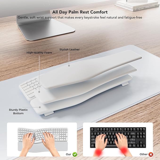 KYSONA Ergonomic Keyboard Mouse Wireless Combo, Full Size Bluetooth Split Keyboard with Wrist Rest, 4 Level DPI Ergo Mouse for Windows Mac OS Computer, White