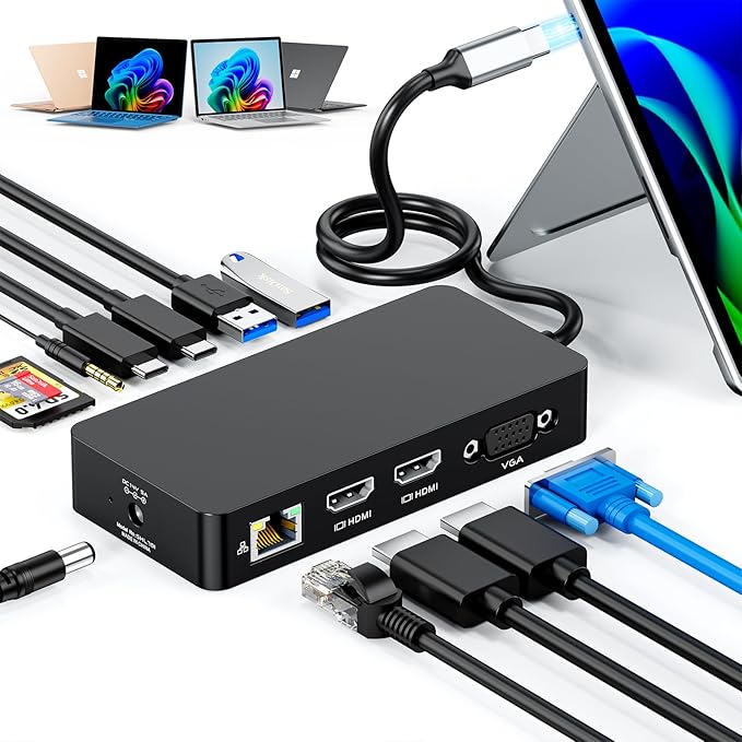 Surface Thunderbolt 4 Dock Triple Displays 4K HDMI*2+VGA, 12 in 1 Surface Pro Docking Station with 100W Power Adapter for Microsoft Surface Pro 12/11/10/9/8/X/7+/7,Laptop 7/6/5/4/3,Laptop Go,Studio
