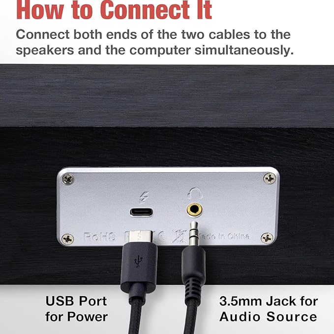 MICA Computer Speakers, Vintage Wired Computer Sound Bar, Retro Wooden Mini Soundbar, 3.5mm Aux Connection, USB Powered PC Speakers for Desktop Monitor, Laptop, Tablets (Black)