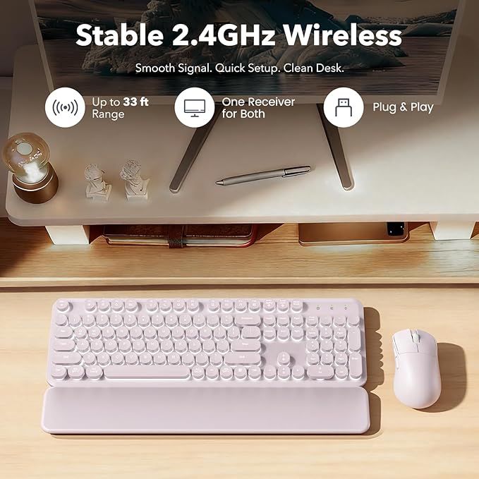 Wireless Keyboard and Mouse Combo, Backlit Round Keycaps, Retro Typewriter Keyboard with Magnetic Wrist Rest, USB-C Rechargeable & Tilt Legs, 2.4GHz Cordless for Mac Windows PC (Glowing Pastel Purple)