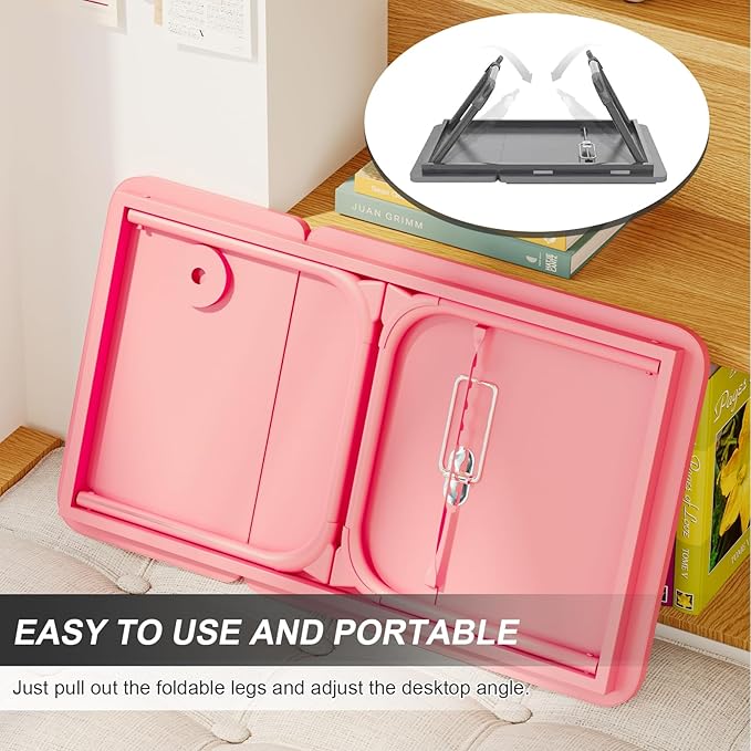 Laptop Desk for Bed, Adjustable Laptops Stand with 5 Adjustable Angles, Portable Lap Tray Table with Cup Holder, Laptop Bed Desk Tray for Eating Working Writing Reading (Pink)