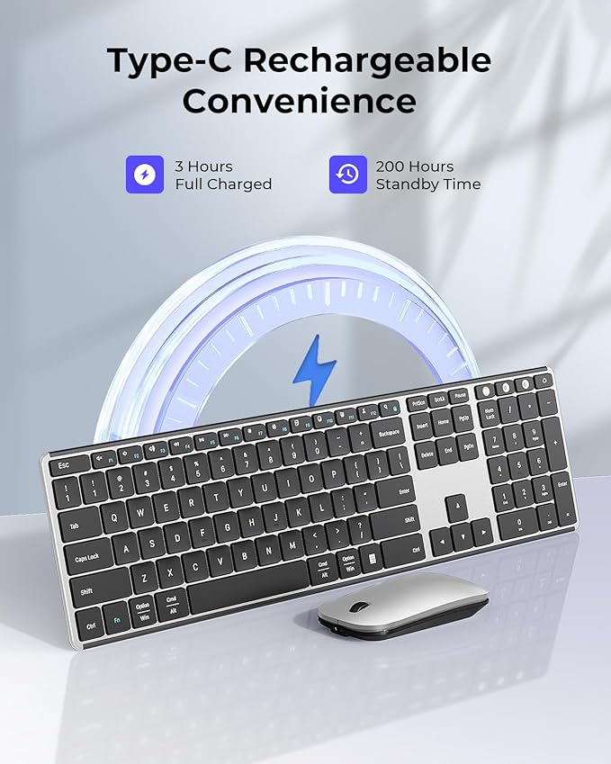 seenda Wireless Bluetooth Keyboard and Mouse Combo, SKM64-3 Rechargeable Slim Quiet Keyboard Mouse, 3 Multi-Device Connection, Compatible for Windows, Mac, MacBook, iPad, Tablet, Black Silver