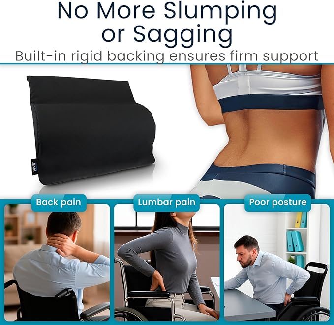 Vive Wheelchair Lumbar Support Cushion - Chair Pad for Back Pressure Relief - Memory Foam Backrest - Superior Comfort Curve -Fits Most Wheelchairs or Transport Chairs -Improves Posture (18"x17"x3")