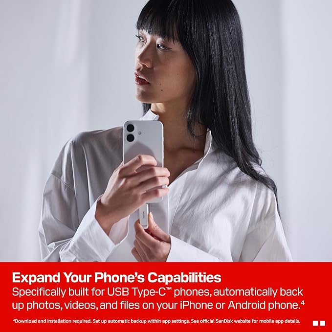 SanDisk 256GB Phone Drive with USB Type-C - for Smartphones, Tablets, and Computers - Up to 150MB/s, USB 3.2 Gen 1 - Arctic White - SDIXS0N-256G-GN6NE