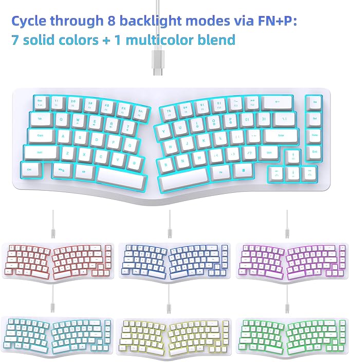 HXMJ-Wired Ergonomic Gaming Keyboard,Mechanical Feel,Detachable USB Cable,69 Keys,RGB Backlit-White