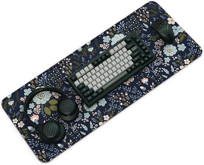 Gaming Mouse Pad, Large 31.5 x 11.8 inches Mousepad, Long Keyboard Pad, Cute Mouse Mat for Computer with Stitched Edges and Non-Slip Base (Black Flowers)