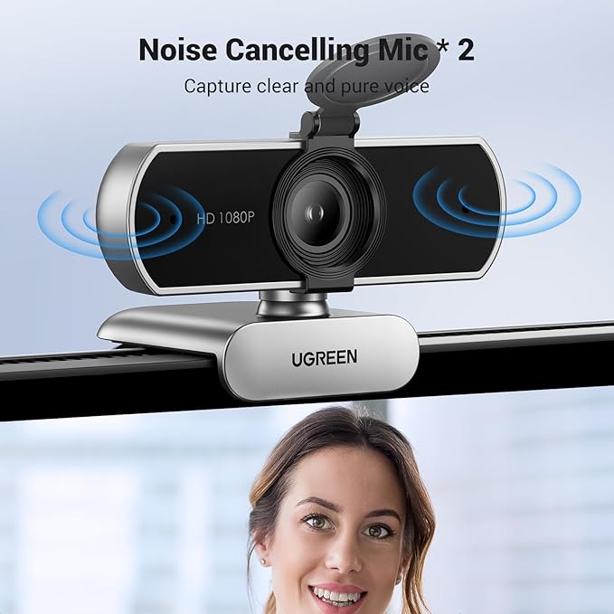 UGREEN Full HD 1080P Webcam with Microphone, 2 Noise-Canceling Mics, 85° Fov & Fixed Focus, Plug and Play, Auto Light Correction, Privacy Cover PC Camera for Zoom/Skype/Teams, Switch 2, Silver Grey