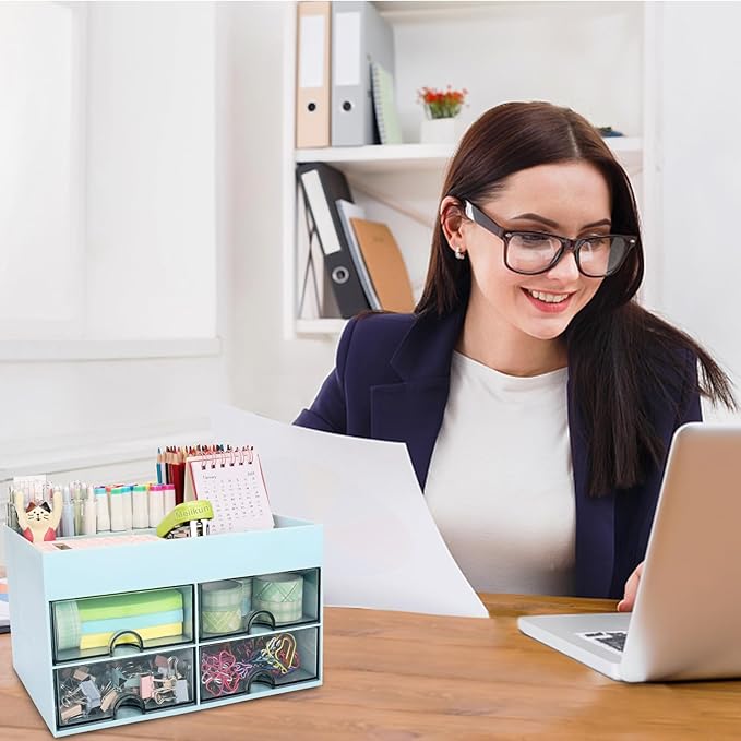 Desk Organizer, Office Organizer with Drawer, Desk Accessories & Workspace Organizers, Pen Holder Office Supplies for Desk (4 Drawers+4 Compartments, Blue)
