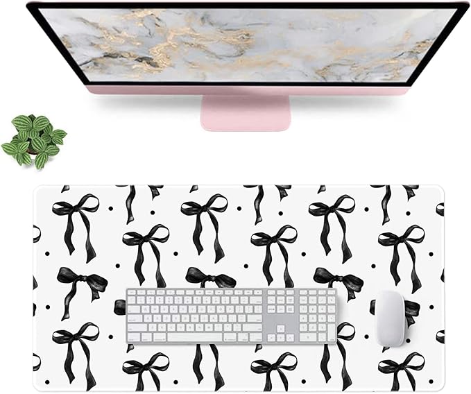 White Mouse Pad Black Bows, Cute Desk Mat Keyboard Pad for Computer Laptop Non-Slip Rubber Base, Stitched Edge, Black Office Pad Desk Accessories Girly Desktop Decor for Girls Women 23.6 x 11.8in