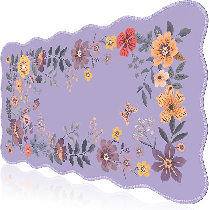 iCasso Large Mouse Pad, Scalloped Desk Matt for Desktop, Desk Pad Mat, Anti-Slip Big Mousepad with Stitched Edges, Floral Desk Mat for Keyboard and Mouse for Computer (Purple)
