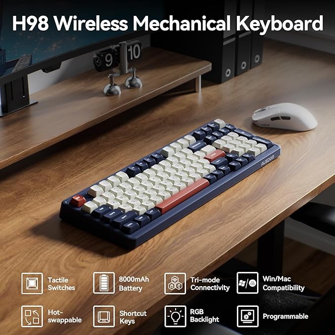 AUSDOM Wireless Bluetooth Mechanical Keyboard, BT5.3/Type-C/2.4G Tri-Mode Hot swappable Custom Gaming Keyboards, Gasket, RGB, Numpad, Blue Computer Keyboard for Mac/Win/Office, 98 Keys(Click Sound)