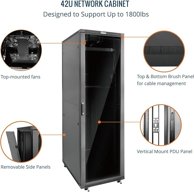 Tecmojo 42U Server Rack Network Cabinet 39.4" D x 23.6" W, Locking Data Cabinet Enclosure for 19" Server, Networking, AV & IT Equipment, Glass Door, Black