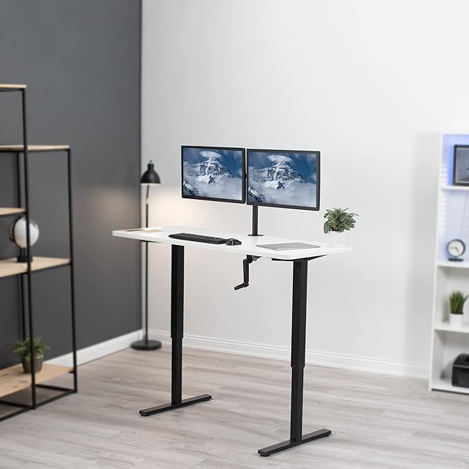 VIVO Manual Height Adjustable 60 x 24 inch Stand Up Desk, White Solid One-Piece Table Top, Black Frame, Standing Workstation with Foldable Handle, DESK-KIT-MB6W