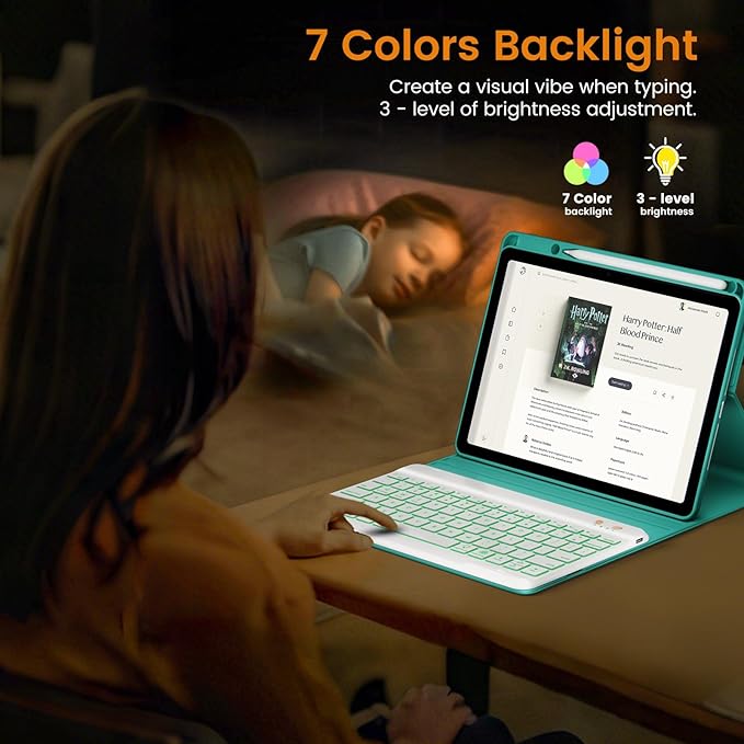 OYEEICE for iPad 11th (A16) &10th Generation Case with Keyboard - 7 Color Backlit Wireless Detachable Folio Keyboard Cover with Pencil Holder for iPad 11 inch A16 2025 10th Gen 10.9'' 2022 - Teal