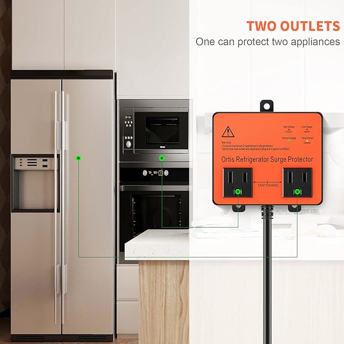 Refrigerator Surge Protector, Ortis Double Outlet Voltage Protector for Home Appliances with Time Delay, Protects Against Brownout, Spike, Instant Surge All Voltage Abnormalities, black