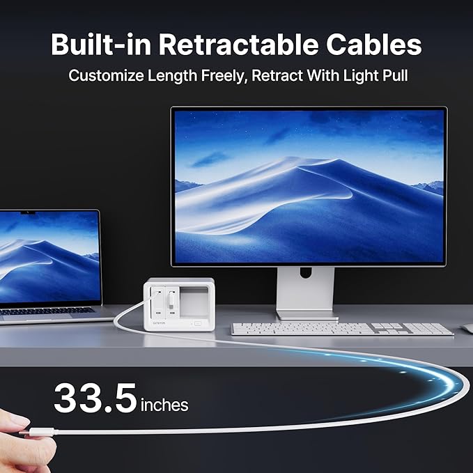 Gitryin 10-in-1 Desktop Charging Station with 2 Retractable Wall Chargers, 40W USB-C Power Strip with 6 AC, 2 USB C, 2 Type-C 33.5in Cables, Extension Cord with 1020J Surge Protection for Home Office